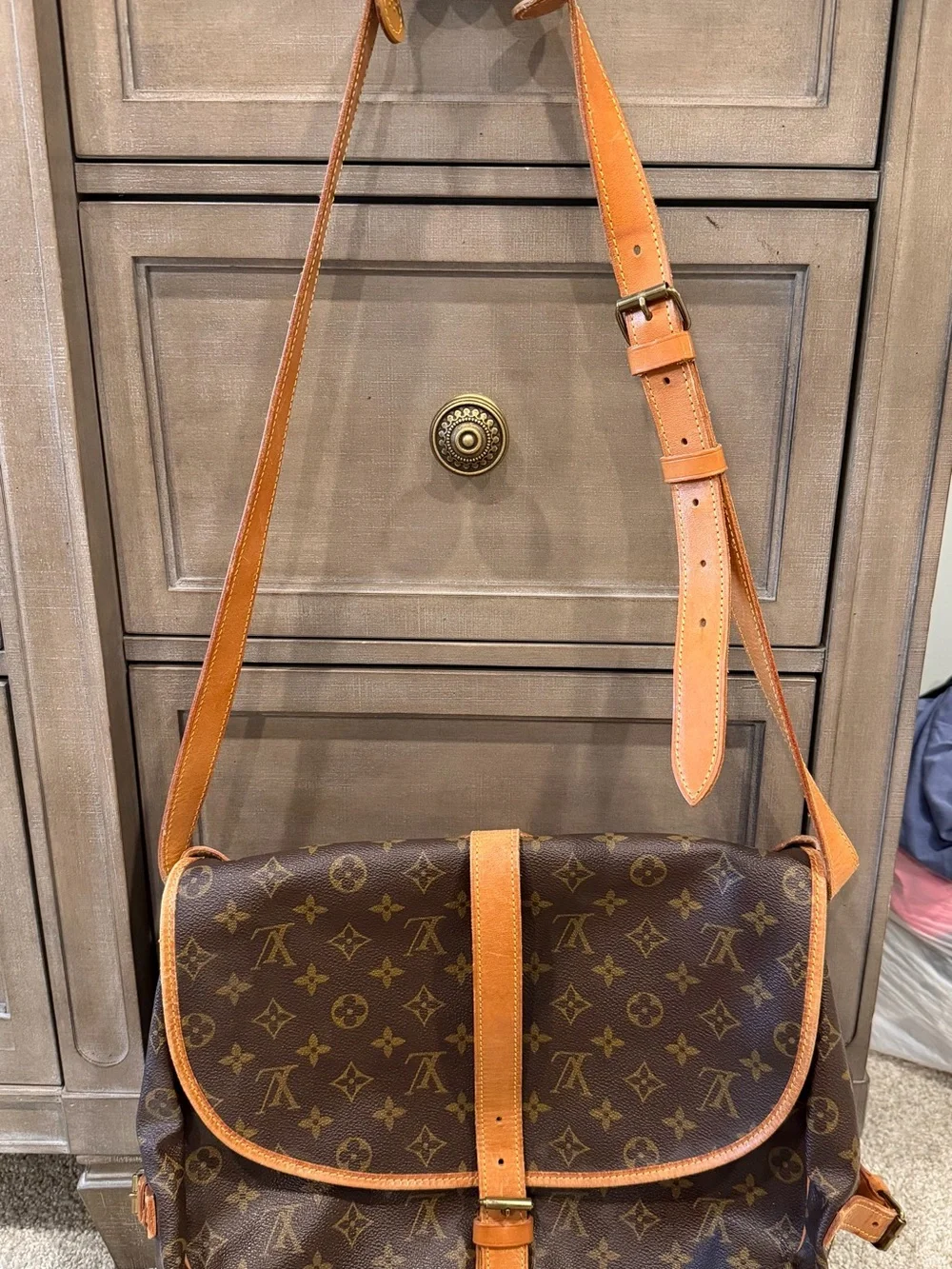 Louis Vuitton Monogram Canvas Messenger Bag with Tan Trim
